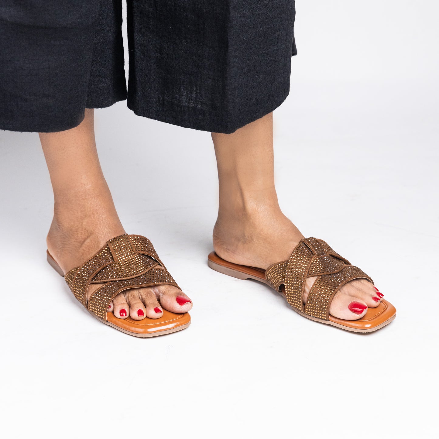 Faux Leather Vegan Overlap Embellished Sandals