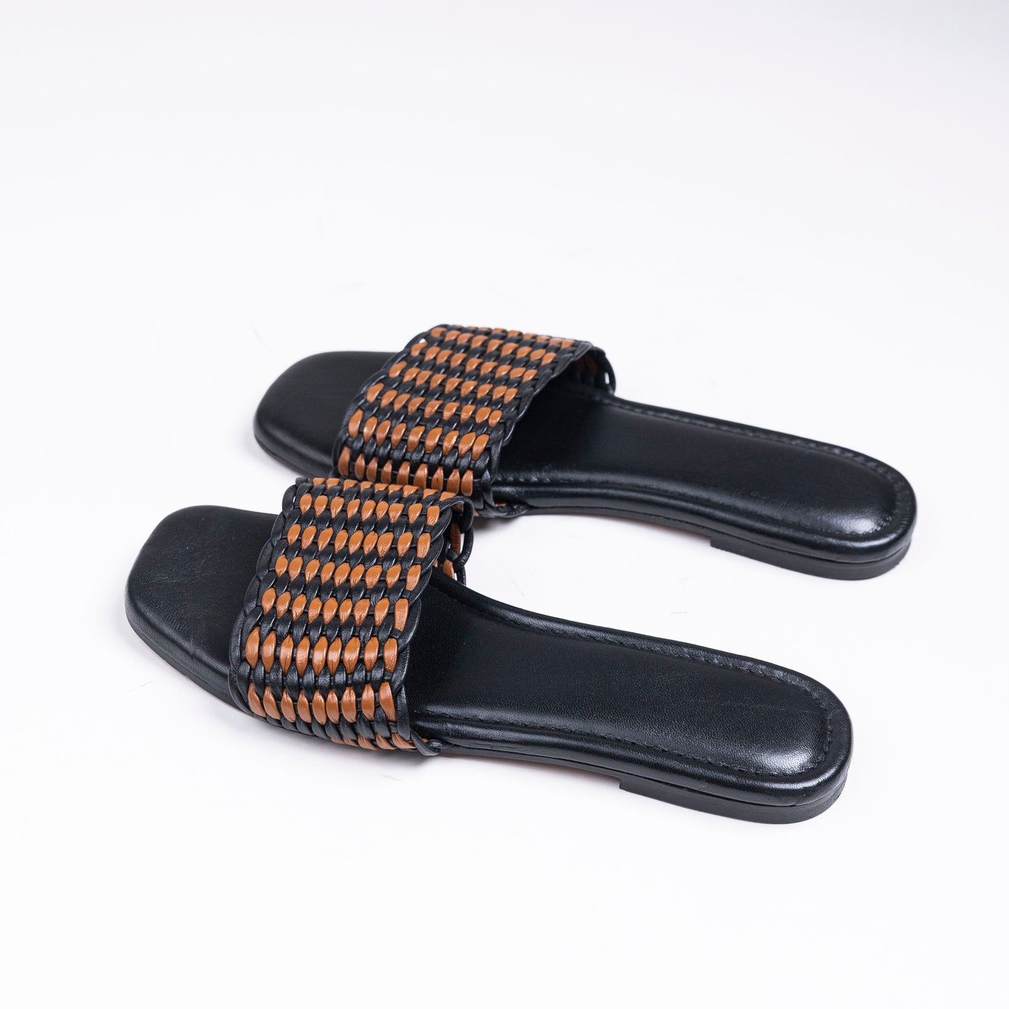 Woven Pure Leather Black Tan Sandals