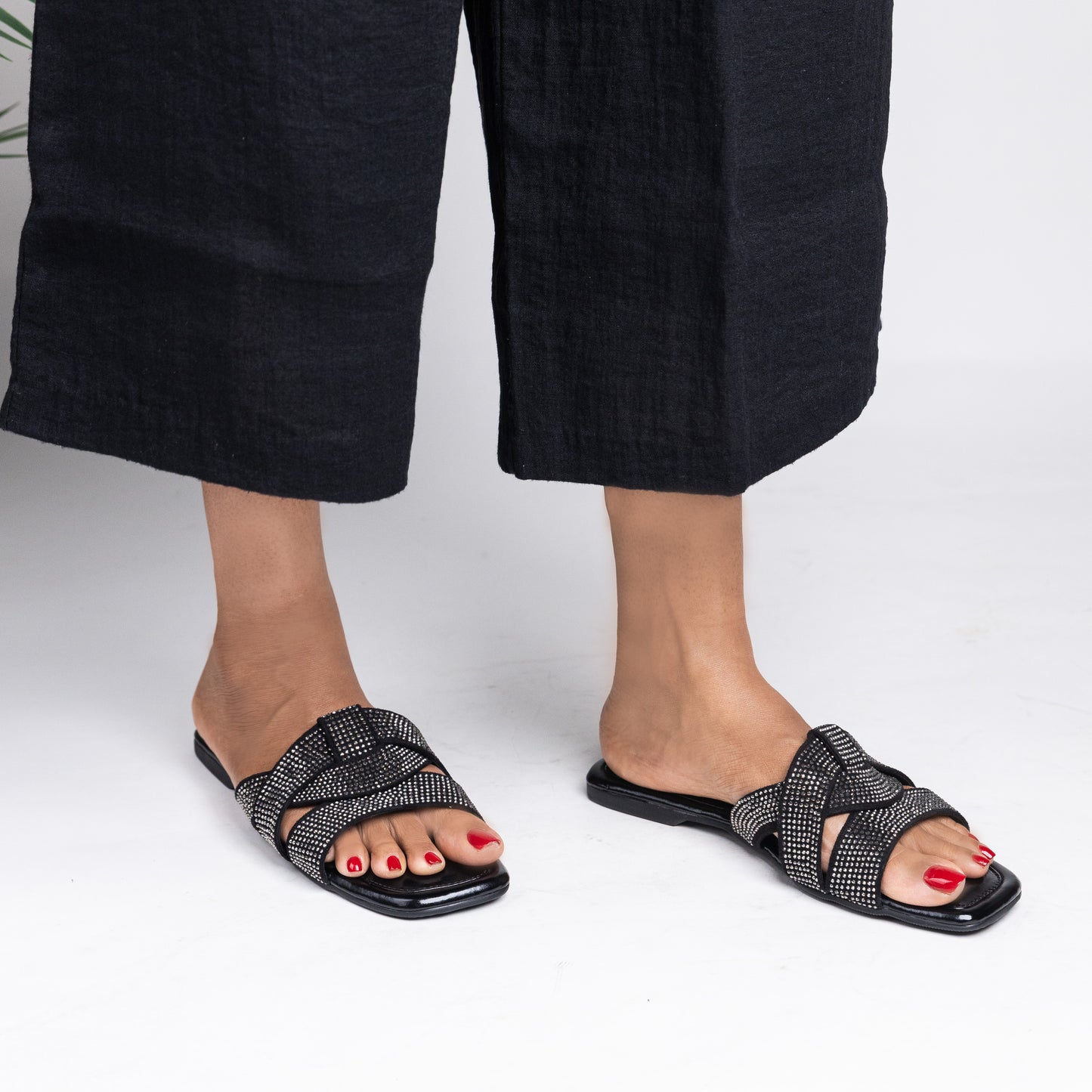 Faux Leather Vegan Overlap Embellished Sandals