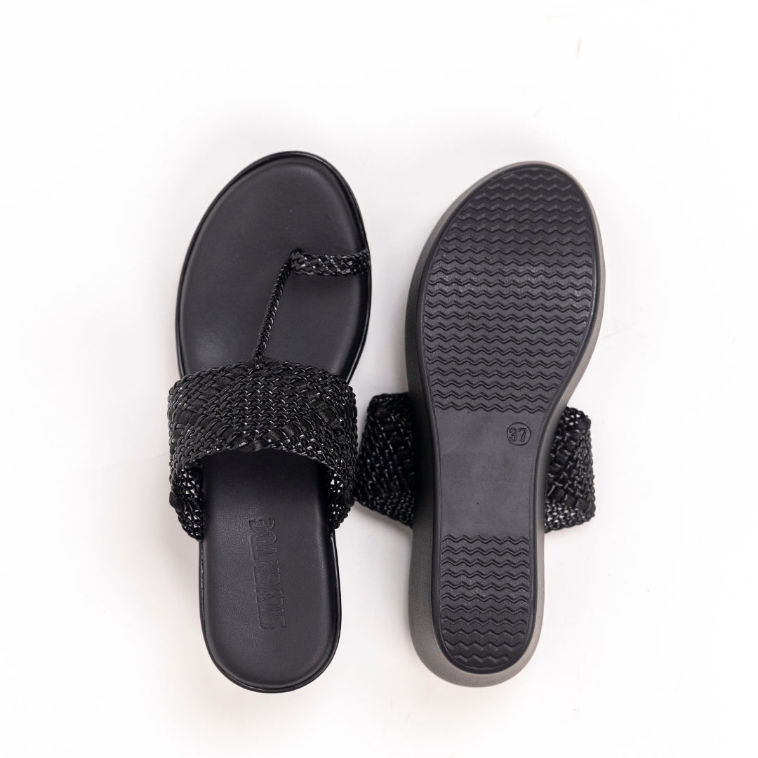 Vegan Black Braided Wedge Sandals