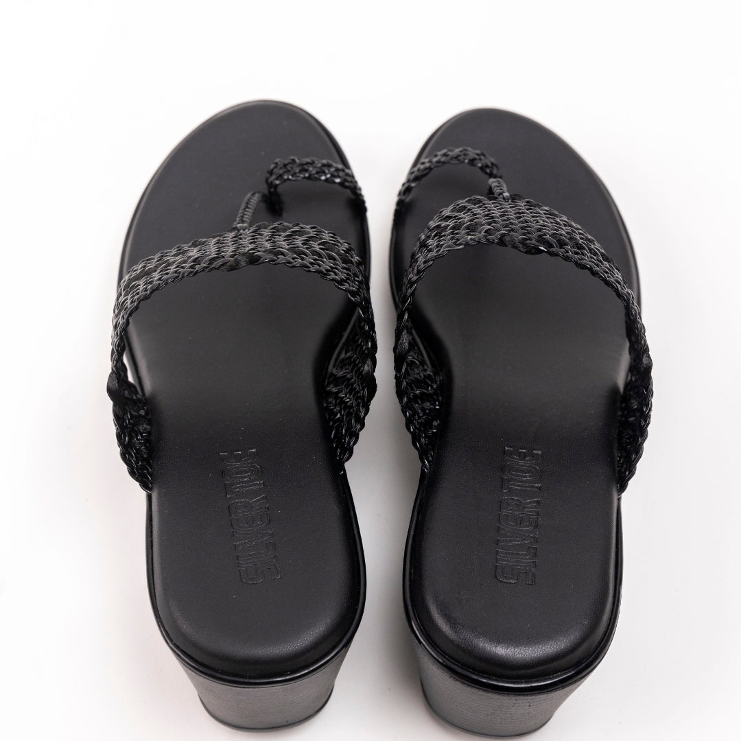 Vegan Black Braided Wedge Sandals