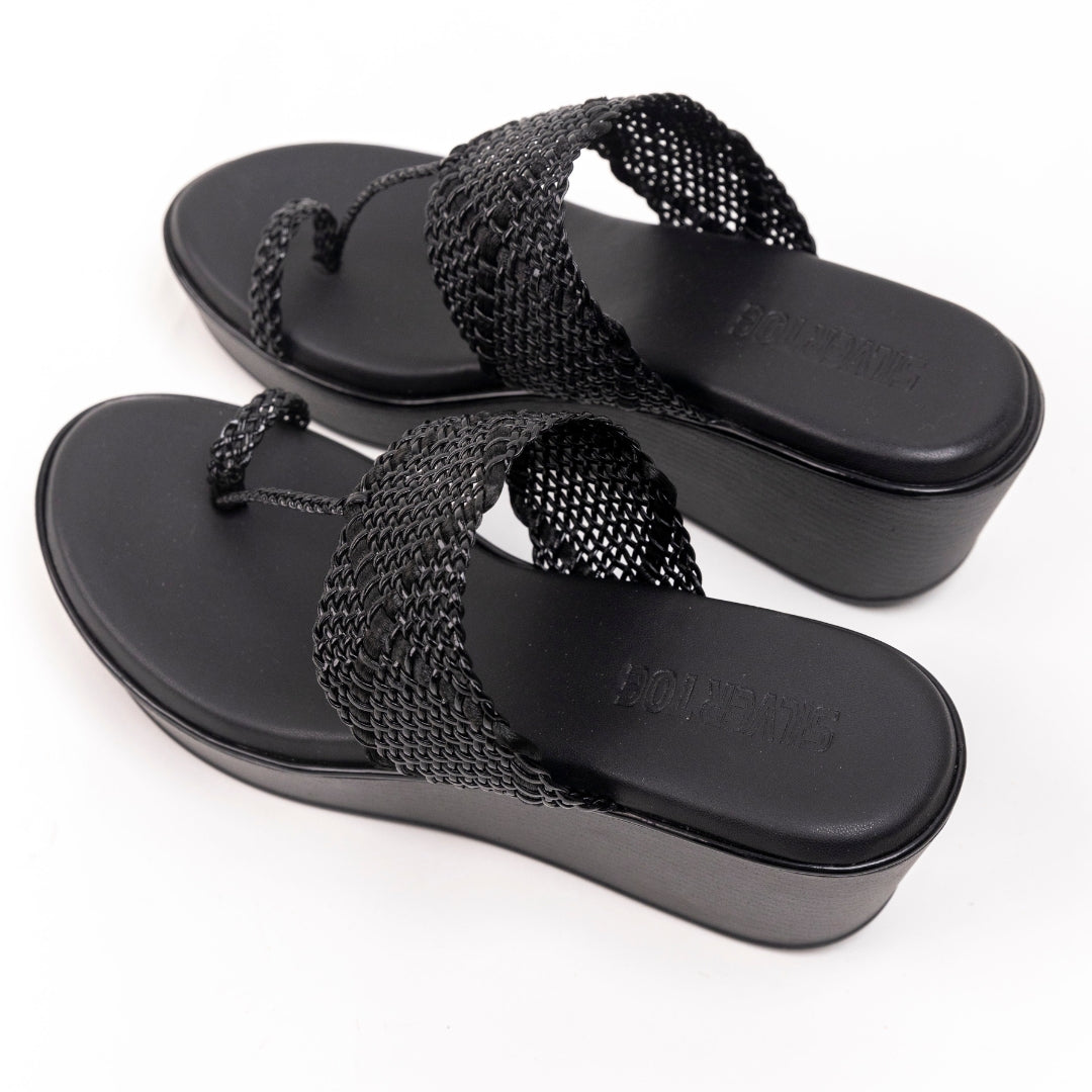 Vegan Black Braided Wedge Sandals