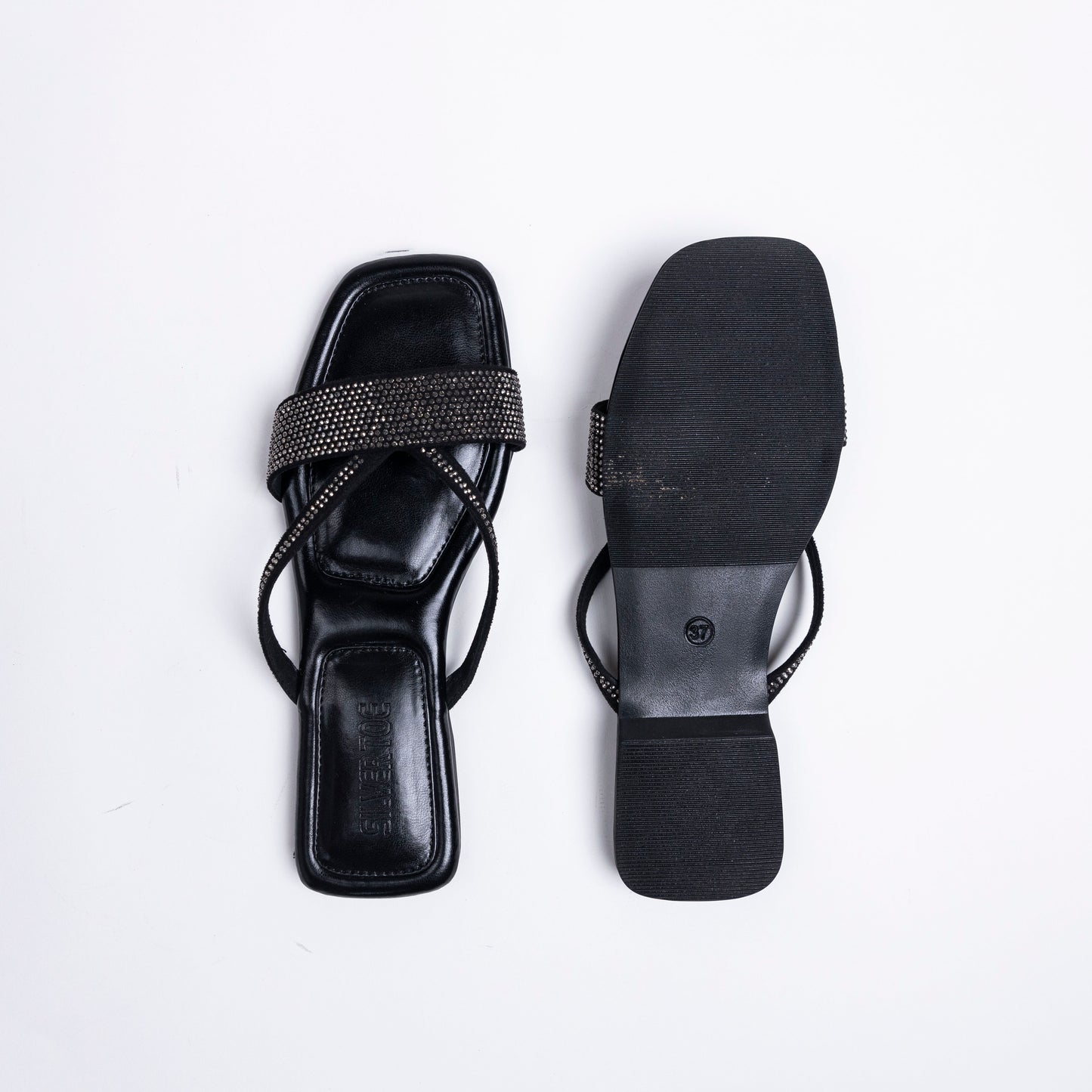 Faux Leather Vegan Black Strappy Sequins Sandals