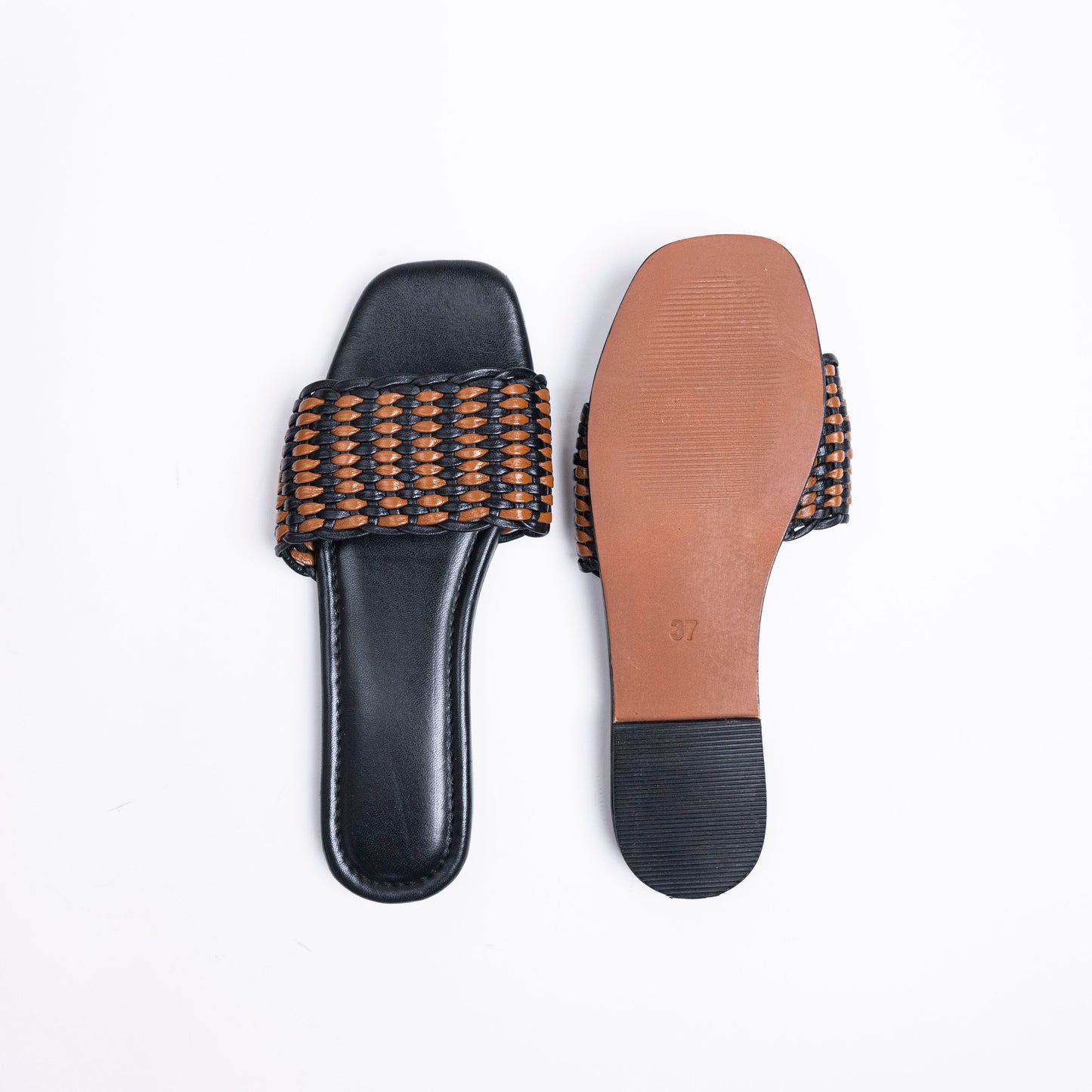 Woven Pure Leather Black Tan Sandals